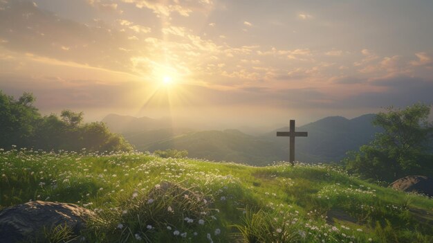 Foto uma cruz de madeira na paisagem da colina do gólgota