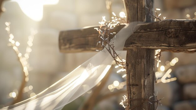 Uma cruz de madeira um véu branco uma coroa de espinhos