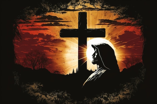 Uma cruz é mostrada na frente de um pôr do sol.