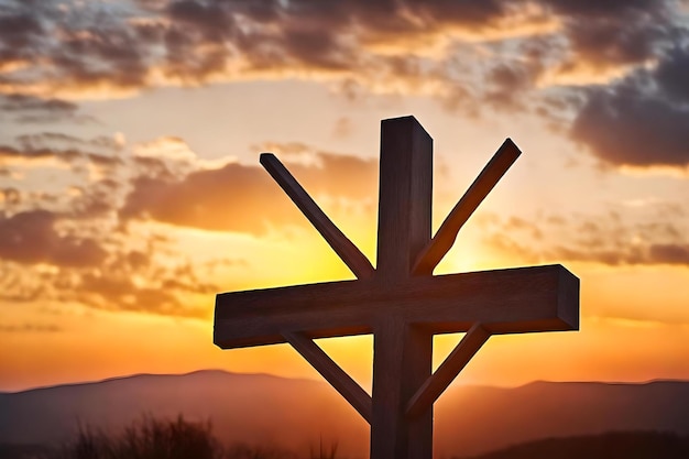 Uma cruz em frente a um céu ao pôr-do-sol