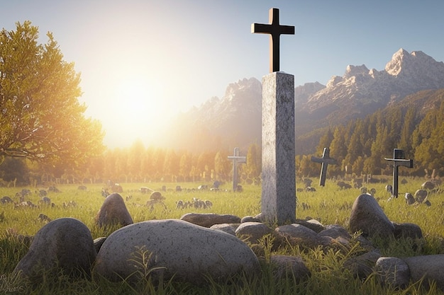 Uma cruz em um campo com montanhas ao fundo