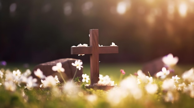 Uma cruz em um campo de flores com uma pedra ao fundo
