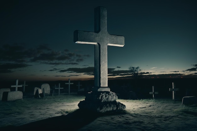 Uma cruz em um cemitério à noite com um cemitério ao fundo.