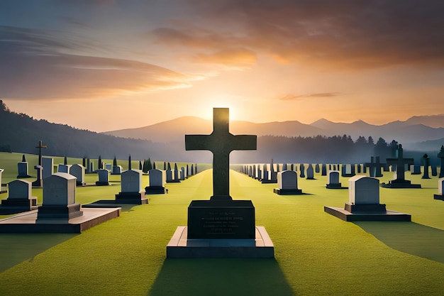 Uma cruz em um cemitério com montanhas ao fundo