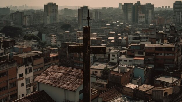 Uma cruz em um poste na frente de uma paisagem urbana