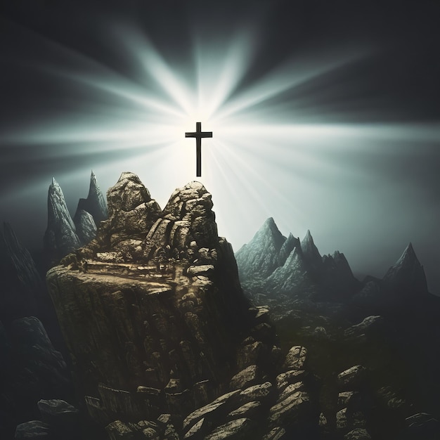 Uma cruz em uma montanha com o sol brilhando sobre ela