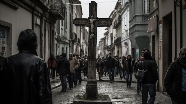 Uma cruz em uma rua com pessoas andando ao fundo