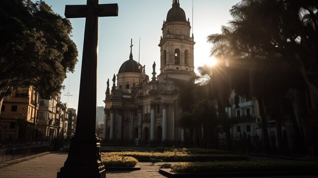 Uma cruz na frente de uma igreja com o sol brilhando sobre ela