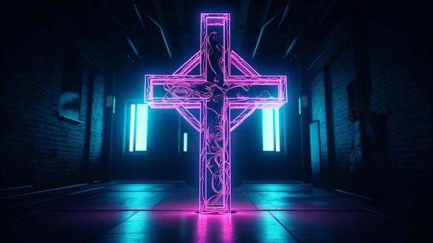 Uma cruz neon em um quarto escuro