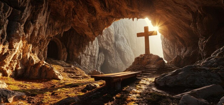 Uma cruz no coração de uma caverna