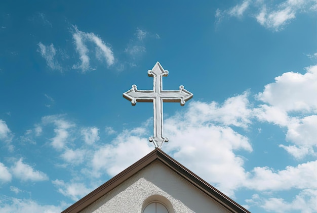 uma cruz no telhado de uma igreja no estilo da americana clássica