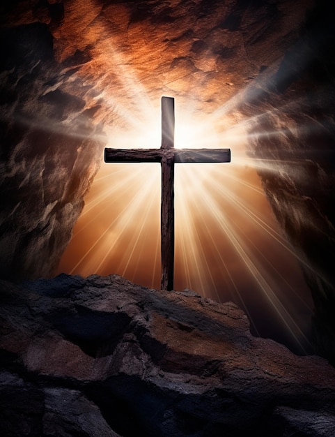 uma cruz numa caverna com um pôr-do-sol ao fundo