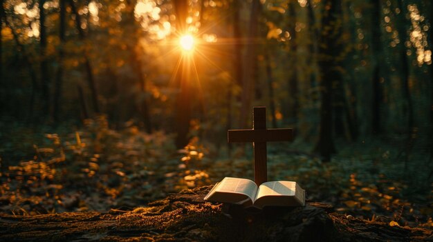 Uma cruz simbólica e uma Bíblia aberta na luz serena de uma floresta ao pôr-do-sol