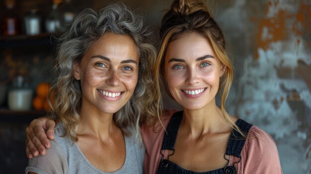 Uma cuidadora feliz está de pé junto à parede com um braço em torno de uma mulher idosa