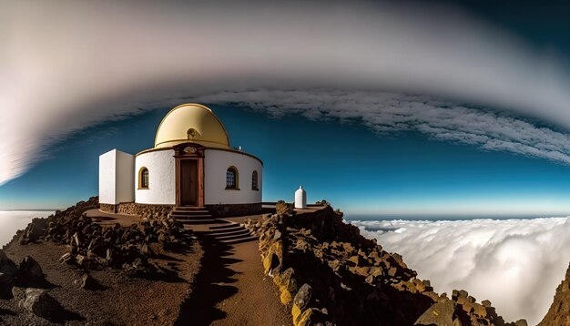 Uma cúpula em uma montanha com nuvens ao fundo