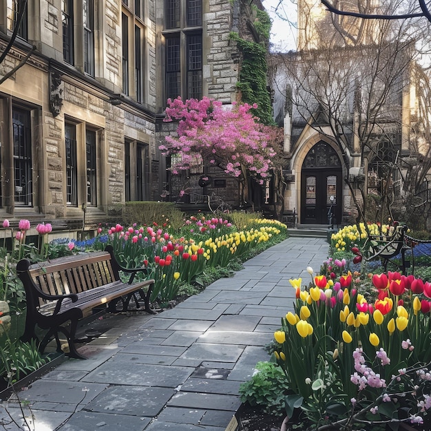 Uma dança atemporal de cores O pátio de um edifício histórico da cidade acorda com bulbos de primavera vibrantes