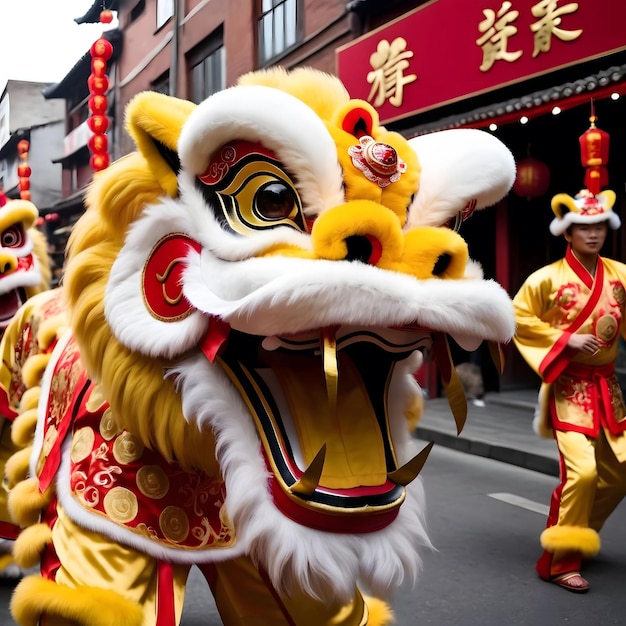 uma dança de leão chinês na rua na celebração do ano novo na China