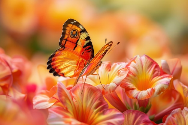 Uma dança delicada da natureza Uma borboleta vibrante aterra suavemente nas pétalas de uma primavera em flor