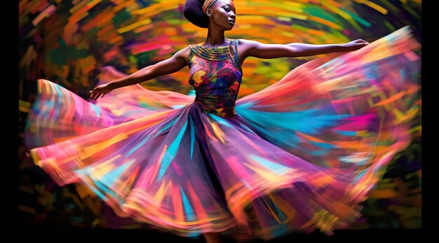 Foto uma dançarina colorida com um vestido colorido que diz'dance'on it