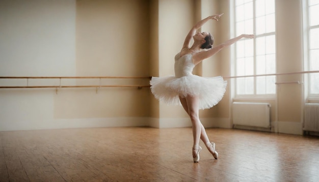 Foto uma dançarina de ballet em um tutu branco está dançando na frente de uma janela