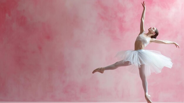 Foto uma dançarina de ballet etérea de pé graciosamente em pointe com as mãos delicadamente equilibradas exala elegância e arte esta imagem cativante contra um fundo rosa suave captura o epítome