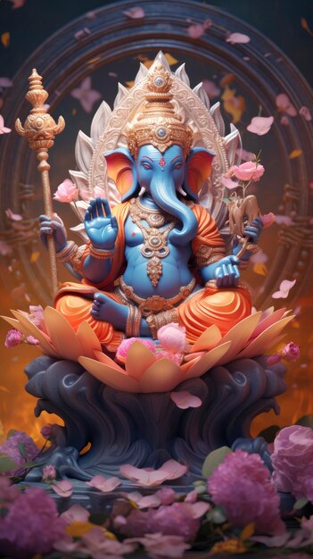 Uma das estátuas de Ganesha impressas em 3D em cores tradicionais em fundo de lótus