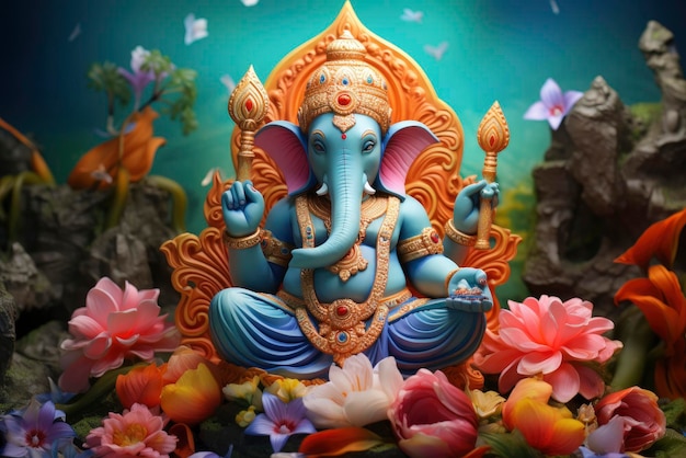 Foto uma das estátuas de ganesha impressas em 3d em cores tradicionais em fundo de lótus