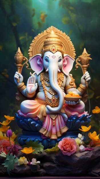 Uma das estátuas de Ganesha impressas em 3D em cores tradicionais em fundo de lótus