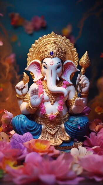 Uma das estátuas de Ganesha impressas em 3D em cores tradicionais em fundo de lótus