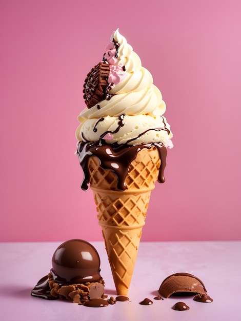Uma decadente casquinha de sorvete de baunilha com uma casquinha de waffle mergulhada em chocolate e uma bola de