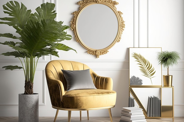 Uma decoração chique e opulenta com uma poltrona cor de mel uma moldura cinza simulada uma palmeira um espelho dourado e uma luz Livros elegantes e acessórios de estilo retrô estão na mesinha Modern l