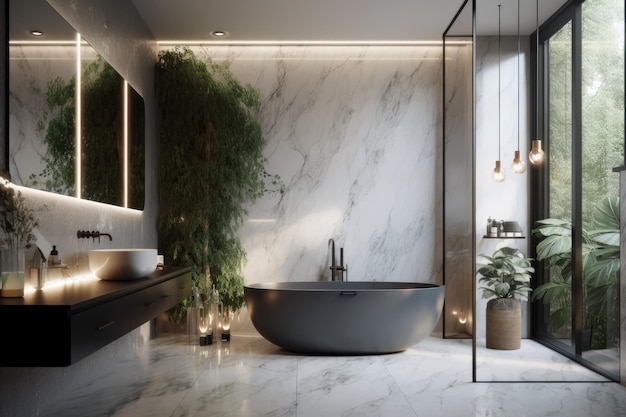 Uma decoração de banheiro elegantemente projetada com azulejos e iluminação