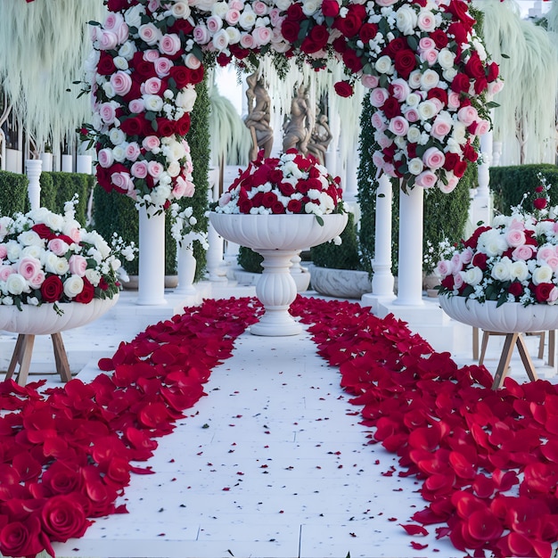 Uma decoração de casamento branca e vermelha com flores