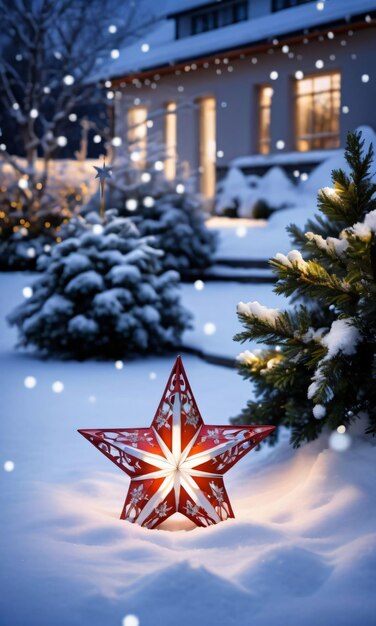 Uma decoração de estrela de Natal num jardim A paisagem nevada iluminada pela luz da lua