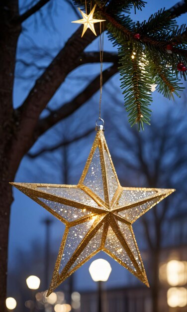 Uma decoração de estrela de Natal pendurada de uma árvore brilhando sob as luzes da rua