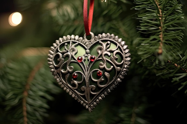 Uma decoração de feriado de coração vermelho pendurada em uma árvore de Natal com um belo fundo desfocado Generative AI