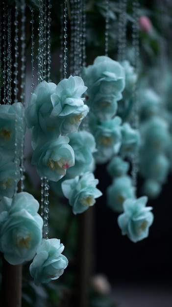 Uma decoração de flores com flores azuis