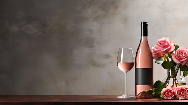 uma degustação de vinho em uma loja de vinho ou bar com uma garrafa de vinho rosa em uma mesa cinza e flores cor-de-rosa de primavera espaço vazio para copiar