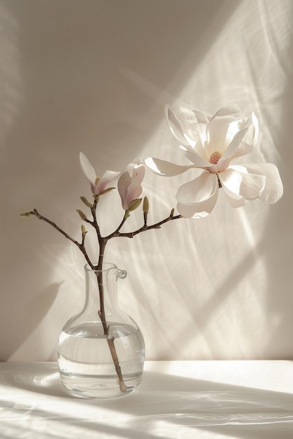 Uma delicada flor de magnólia fica elegantemente em um vaso de vidro transparente em uma mesa branca