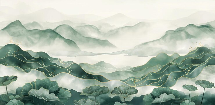 Foto uma delicada pintura de tinta chinesa retratando montanhas verdes e névoa serena