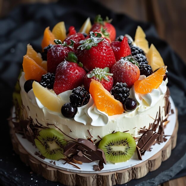 Uma delicada sobremesa francesa com um aroma doce coberto com uma variedade de frutas e decoração de chocolate