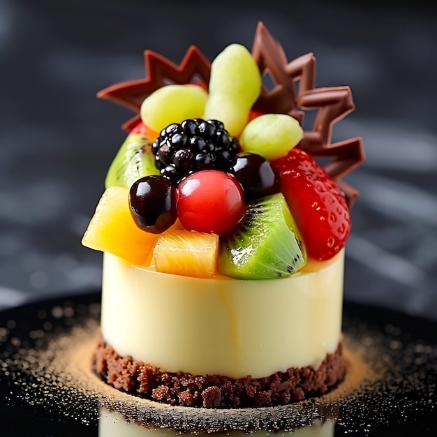 Uma delicada sobremesa francesa com um aroma doce coberto com uma variedade de frutas e decoração de chocolate