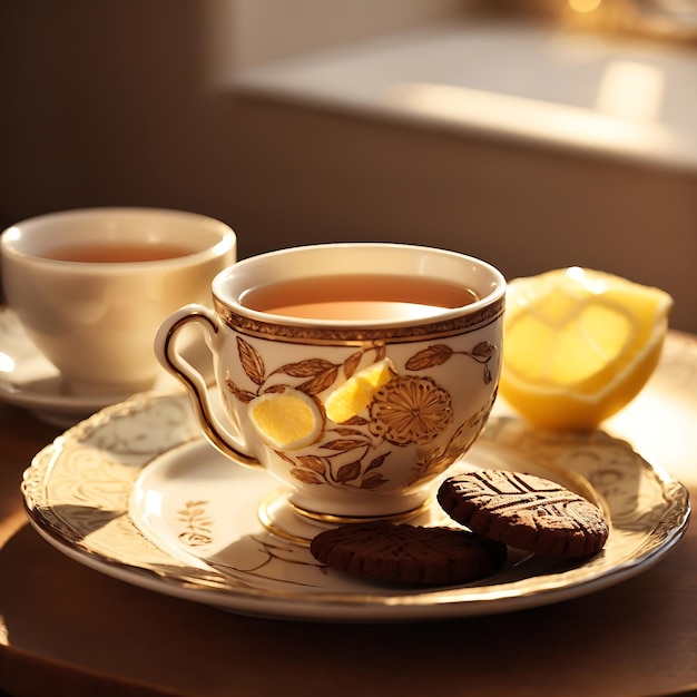 Uma delicada xícara de chá de porcelana com um prato de biscoitos de cacau Ai Generated