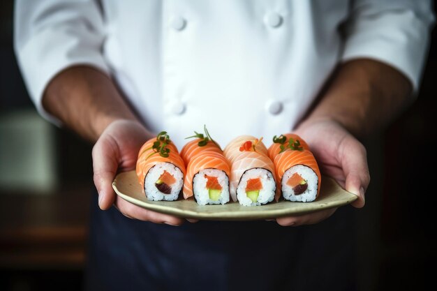 Uma delícia gourmet asiática As mãos de um chef servem sushi fresco num prato