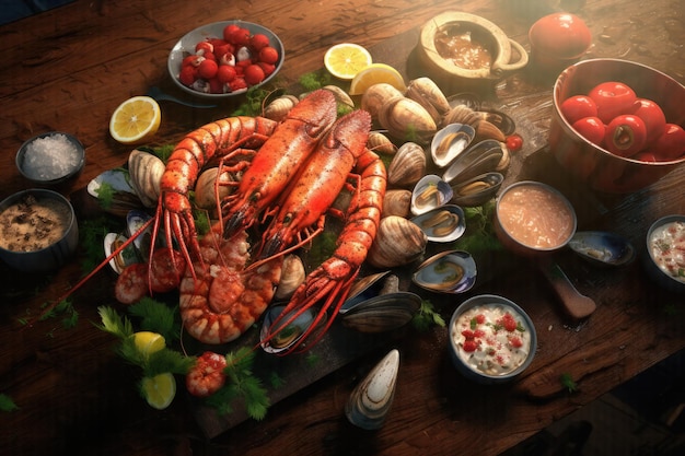 Uma delícia gourmet, frutos do mar frescos grelhados e carne acenam em uma mesa de madeira rústica