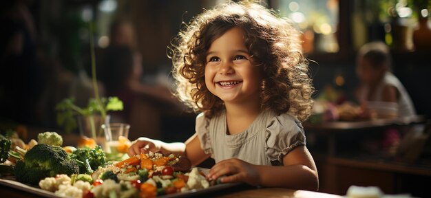 Foto uma deliciosa aventura. crianças com sorrisos vão provar comida saudável.