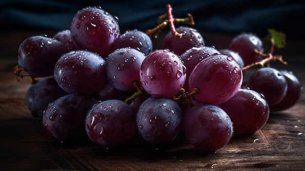 Uma deliciosa baga de uva madura se destaca em um cacho de uvas de fundo preto