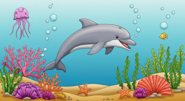 Uma deliciosa cena subaquática Uma aventura aquática dos golfinhos de desenho animado em meio a vibrantes recifes de corais e vida marinha