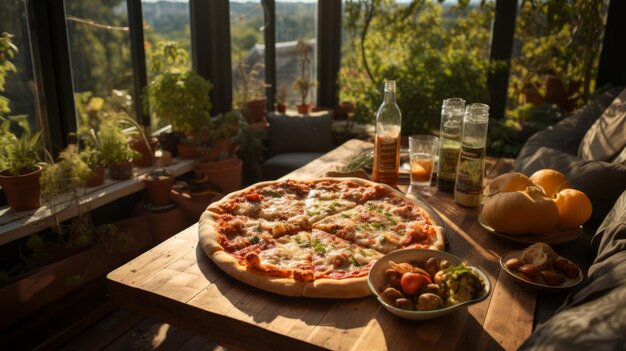 Uma deliciosa e saborosa pizza italiana com tomates e mozzarella em uma mesa lindamente servida