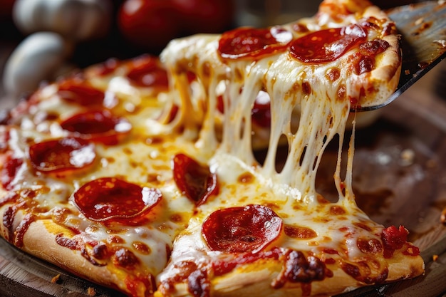 Uma deliciosa fatia de pizza com queijo derretido pegajoso e pepperoni no topo Um closeup detalhado de um delicioso pedaço de pizza caseiro gerado pela IA